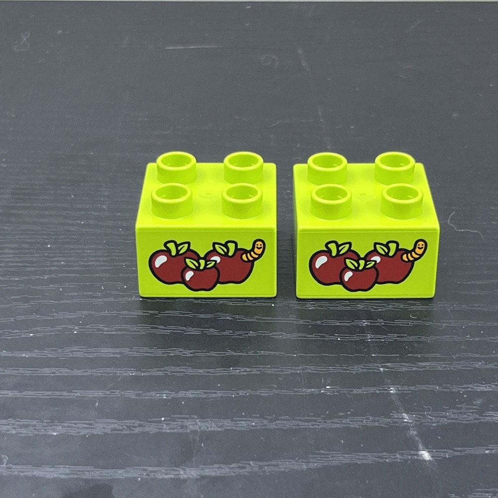 LEGO DUPLO Lime Green Apple Bricks w/ Worm Print 2x2 Lot of 2 Genuine Rare